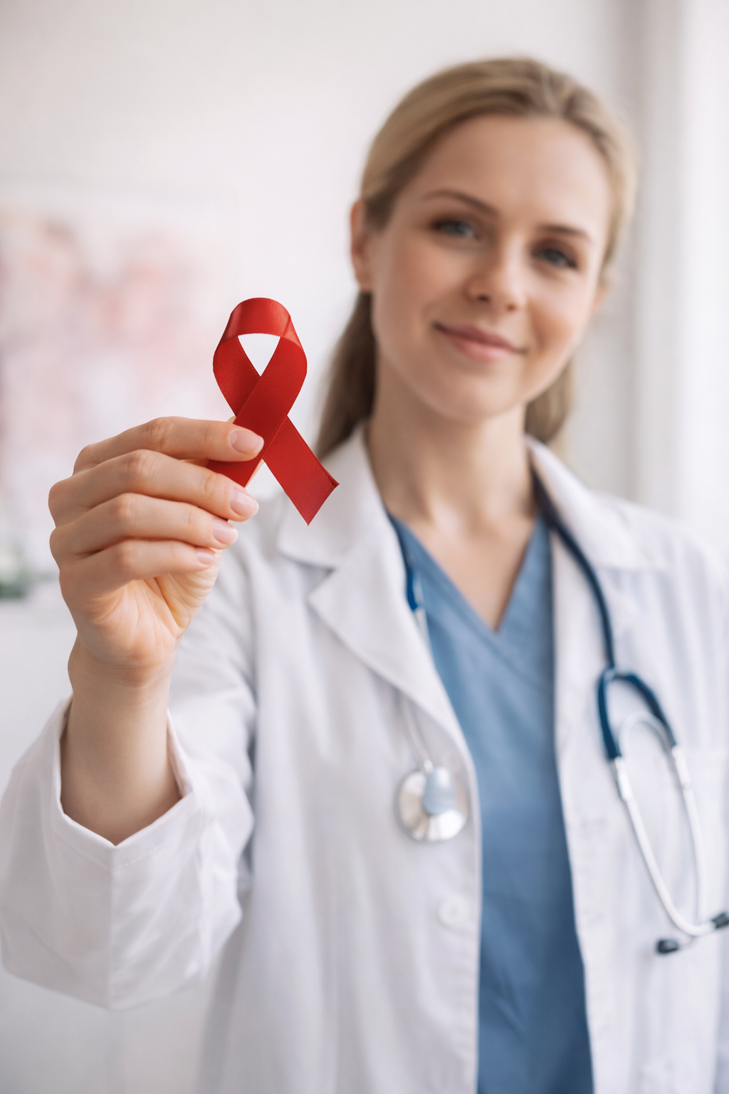 Healthcare professional with blood cancer awareness ribbon